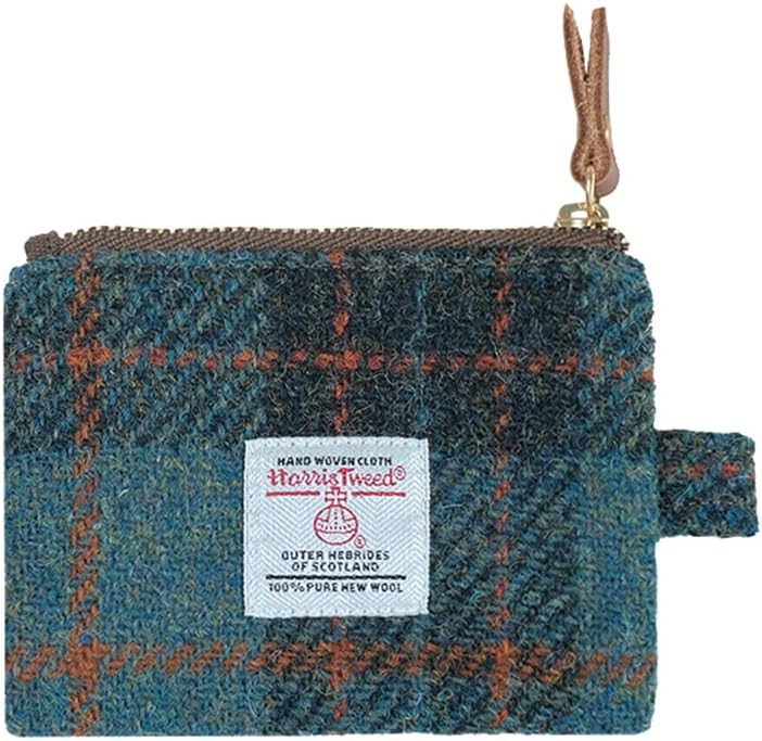 Harris Tweed Mini Coin Purse Handmade Lipstick Bag Vintage British Portable Credit Card ID Wallet with YKK Zipper for Women men (Navy Blue)